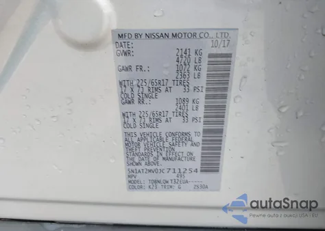 2018 Nissan Rogue Sv z USA, uszkodzony, nr VIN 5N1AT2MV0JC711254